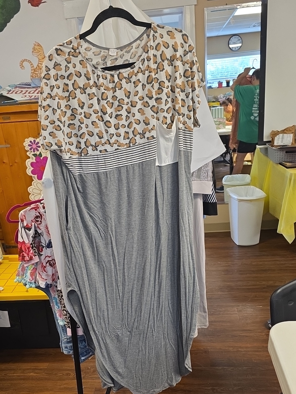 Leopard Yoke Gray Maxi Dress with Pocket Detail